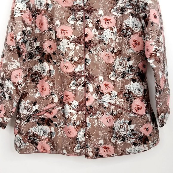 Vintage Asian Jacket Top Taupe Pink Floral Pockets - Picture 3 of 7